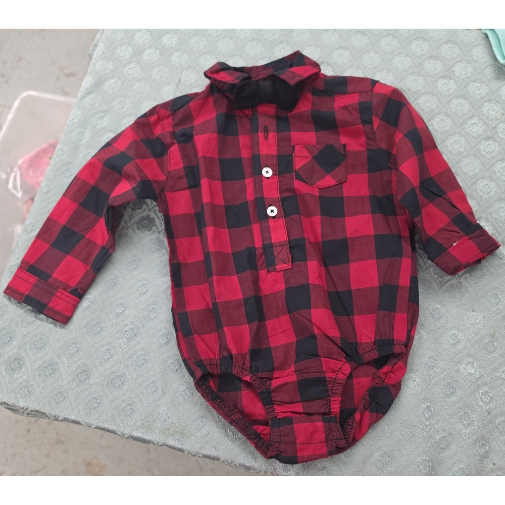 Mick‎ Mack Ltd Baby Boy Buffalo Plaid Bow Tie Bodice Romper Red Black 6/9M